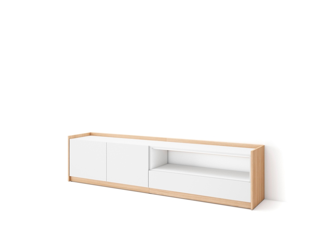 Mueble para TV, 207x37x50cm, para televisores de hasta 80'', color blanco y roble claro.