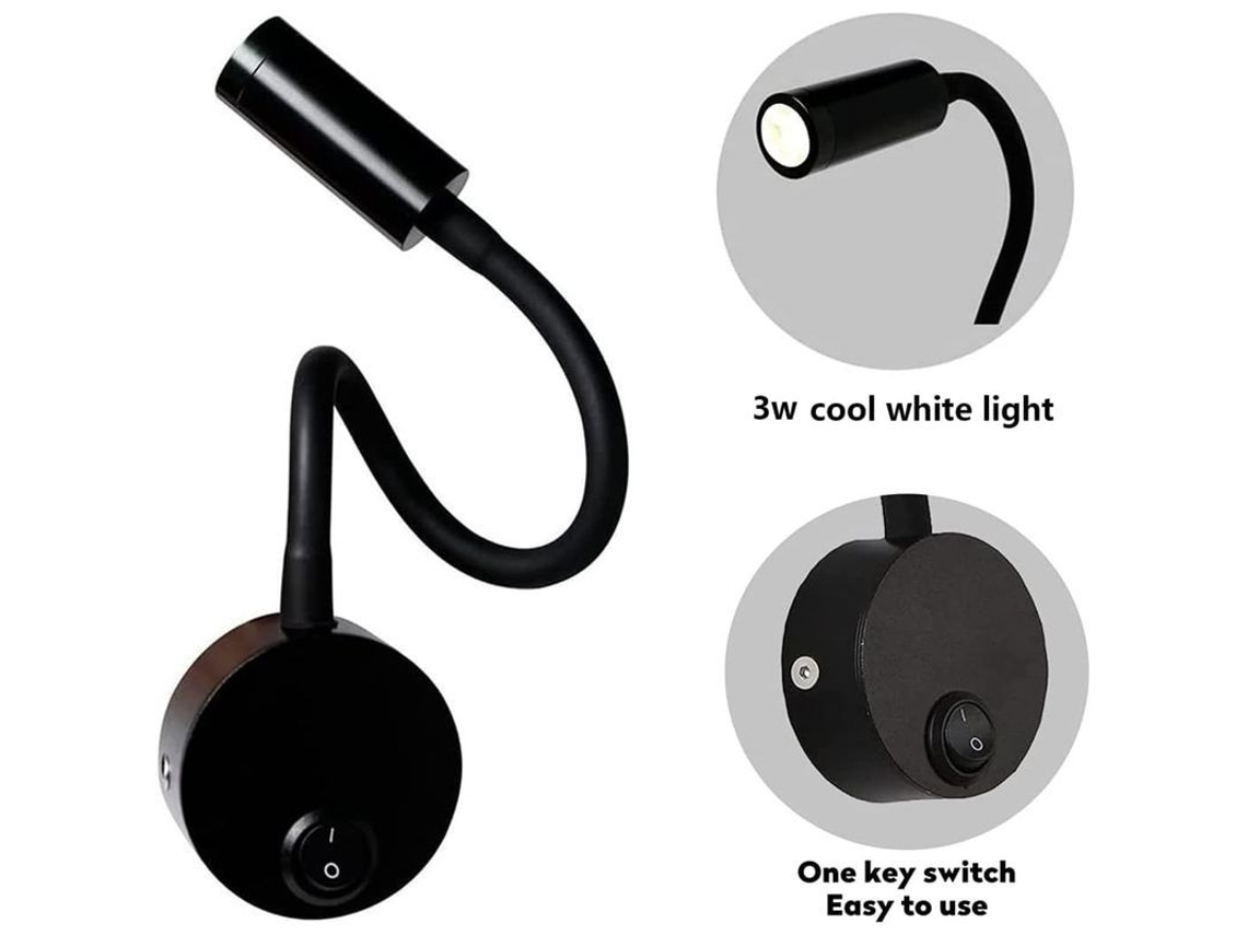 Lâmpada De Leitura De Parede Preta 3w, Braço Flexível Ajustável, Led Protector De Olhos, Para Quarto E Escritório