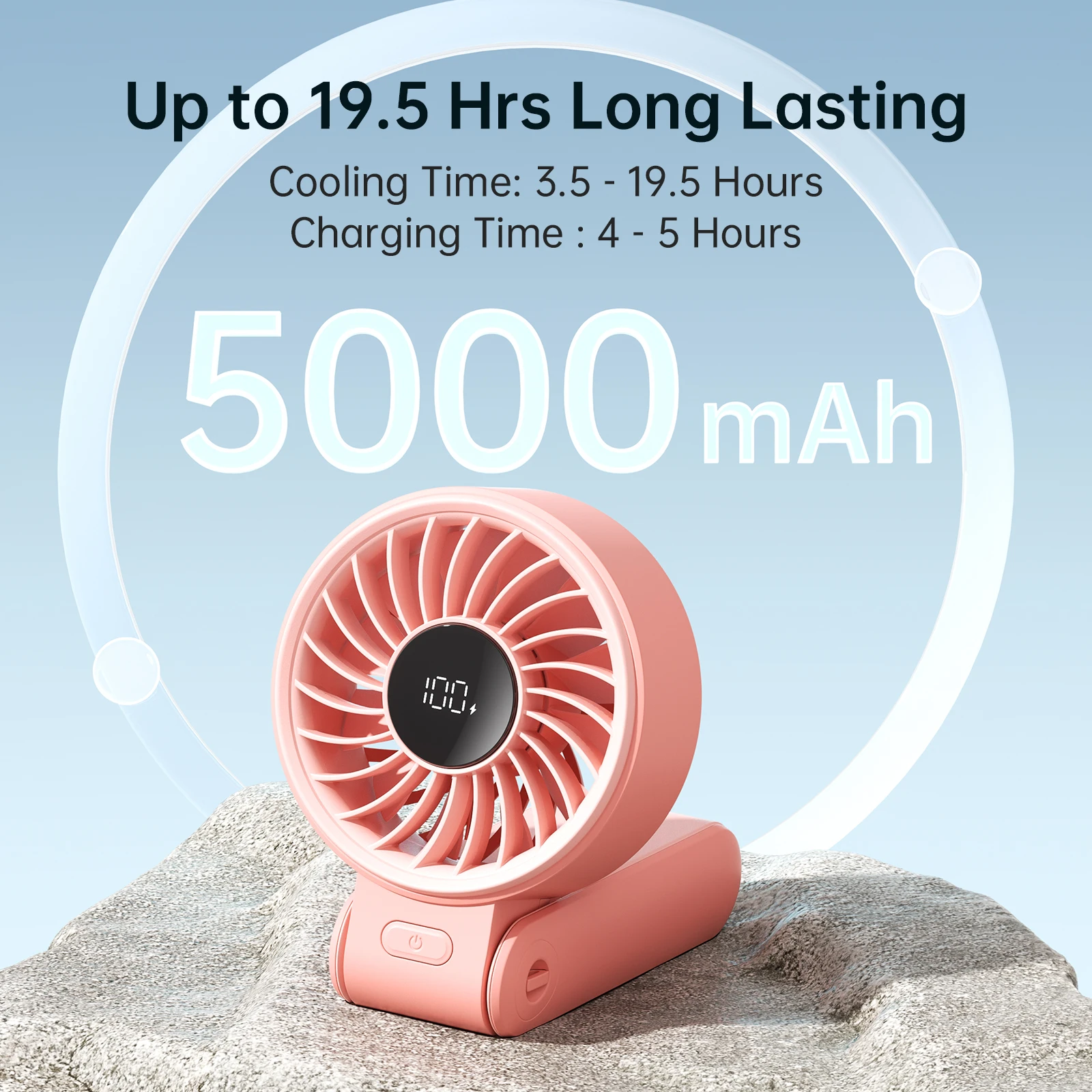 Ventilador de bolsillo MDUG Mini con pantalla LED, 5 velocidades y diseño plegable.