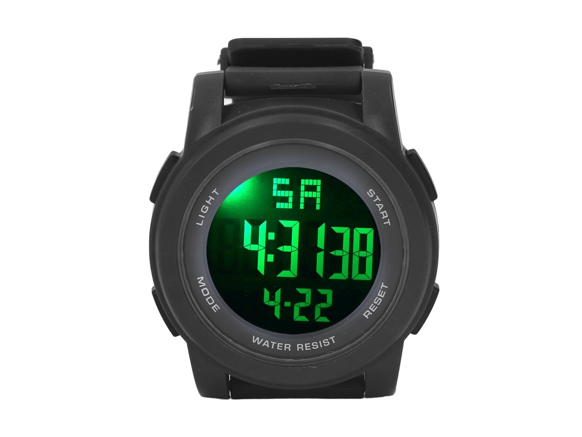 Reloj deportivo digital multifuncional resistente al agua hasta 5 bares, color negro.