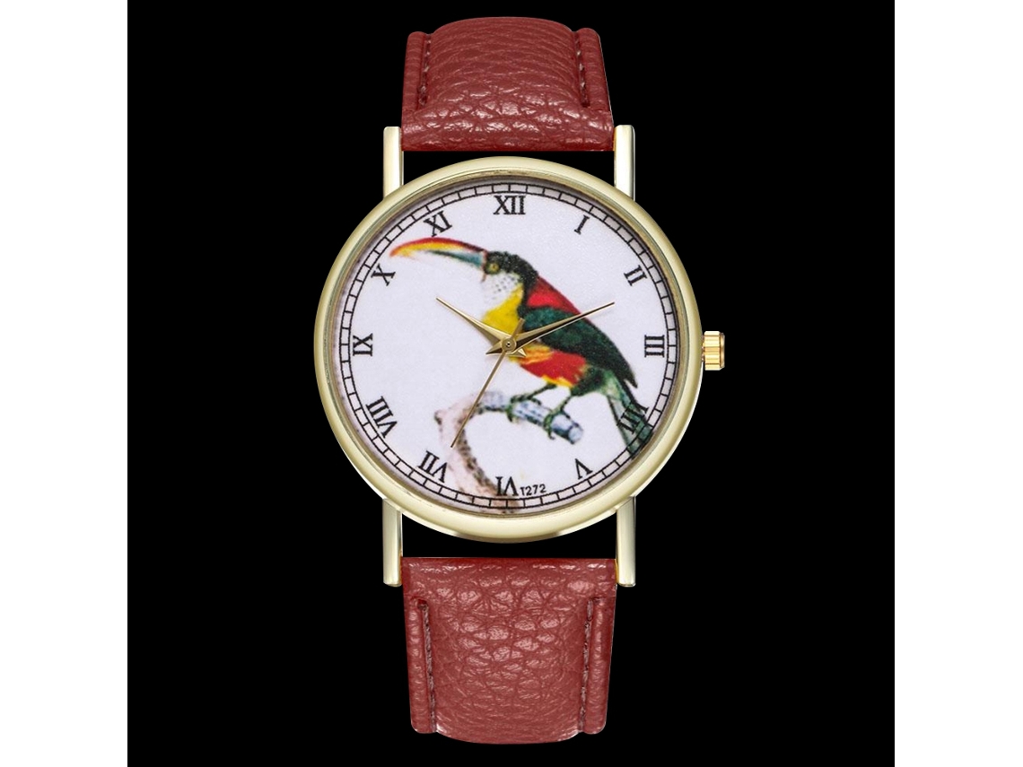 Reloj De Cuarzo Unisex Con Correa De Cuero Pu Zhoulianfa Dial De Pájaro Café