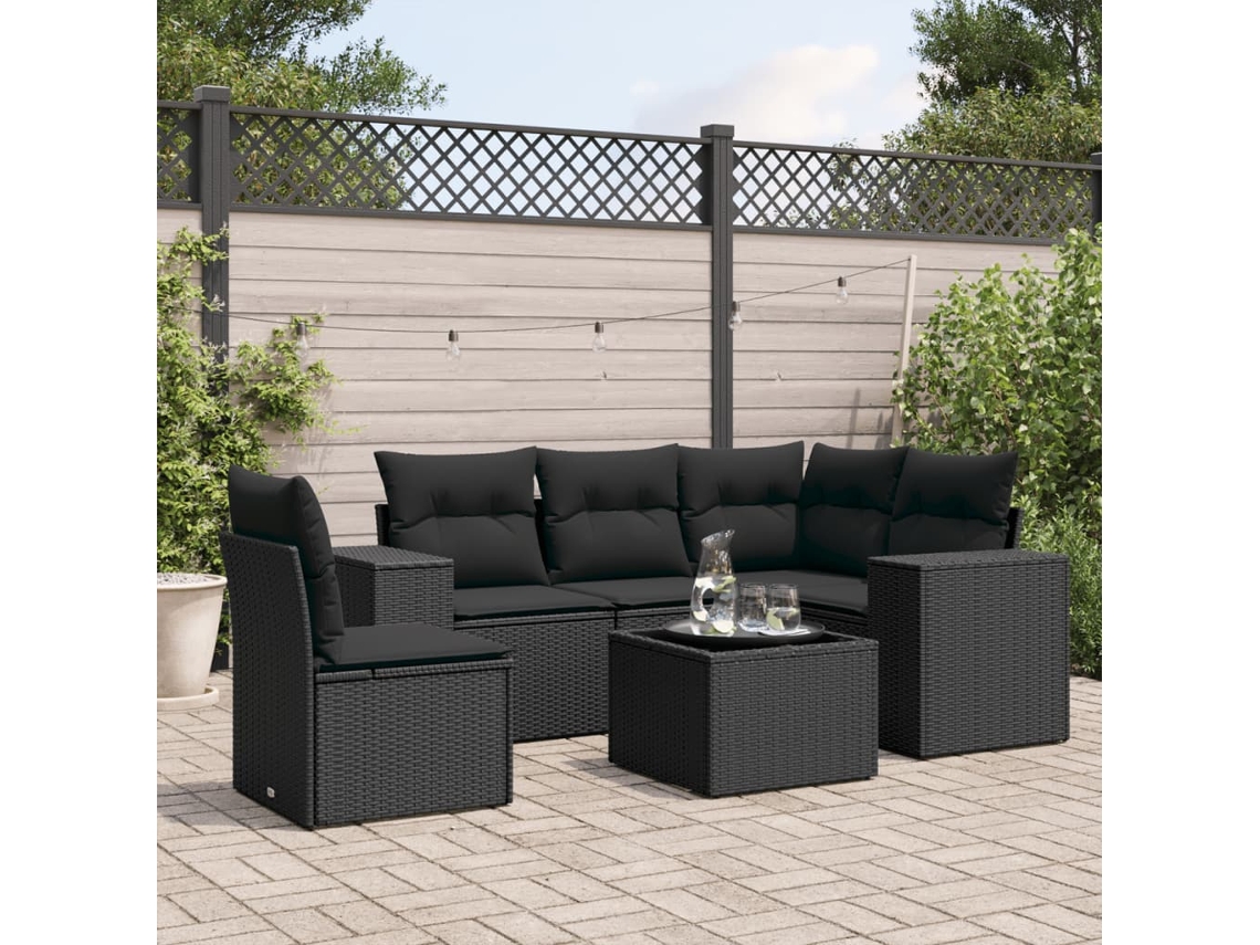 Conjunto de sofá de jardín de 6 piezas con cojines, mimbre sintético negro, DKD Home Decor