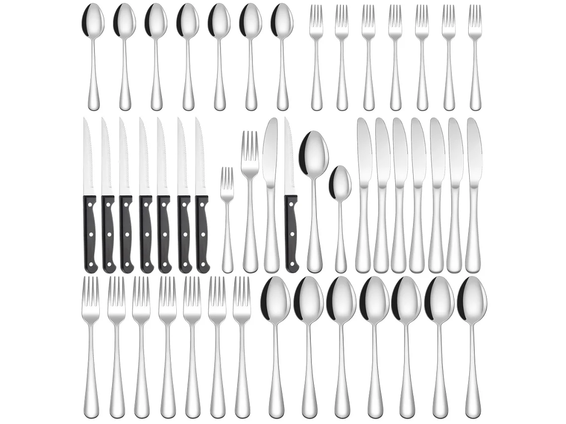 Juego de cubiertos de acero inoxidable de 48 piezas con cuchillos para carne, para el hogar, fiestas y restaurantes - Tommy01