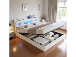 Cama Doble 160 X 200 Cm, Tapizada Con Carga Usb, Led, Cabecero Con Espacio De Almacenamiento, Somier Elevable, Blanco Pu