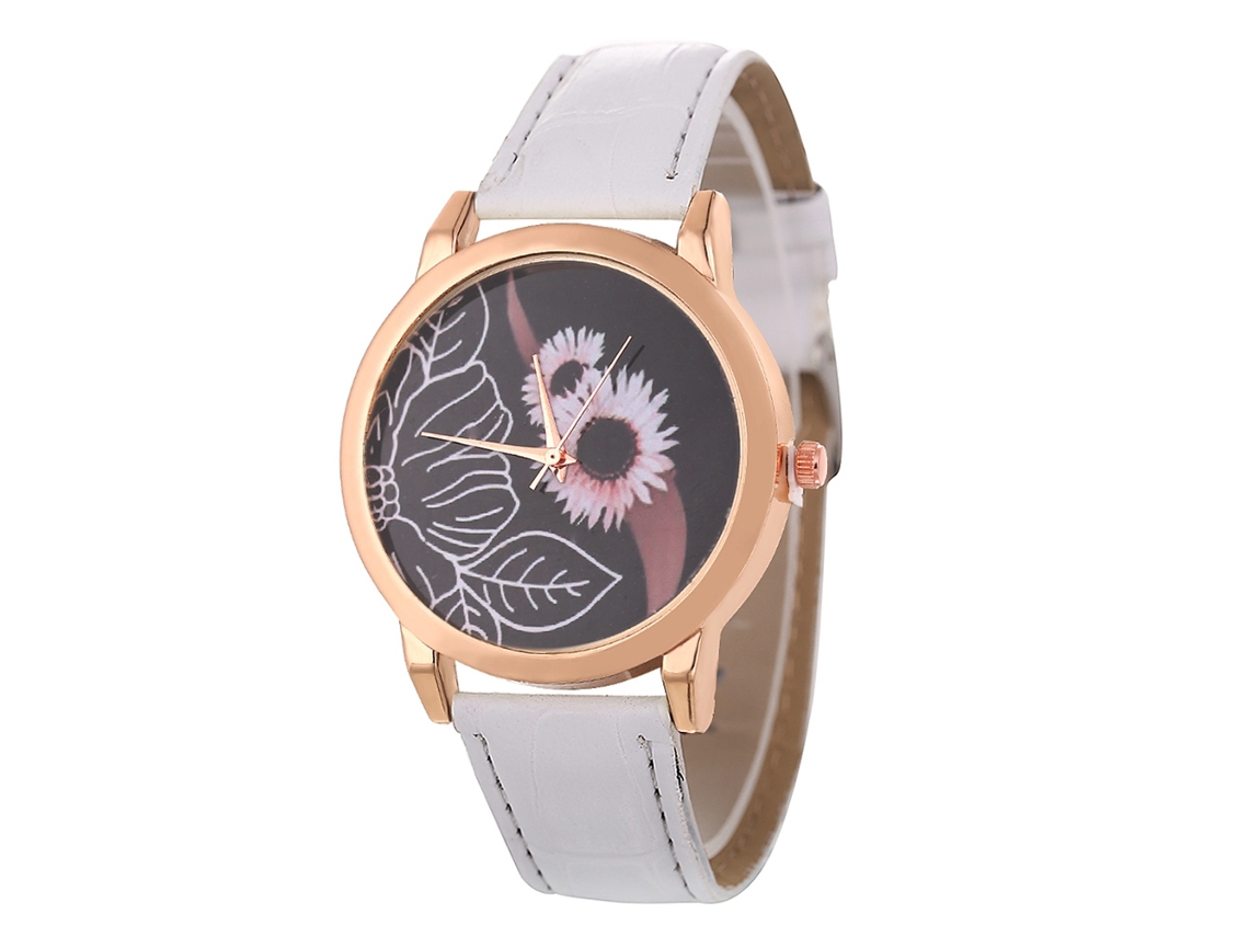 Reloj De Cuarzo Para Hombre Y Mujer, De Piel Sintética Con Estampado Floral Y Esfera Redonda Blanca.