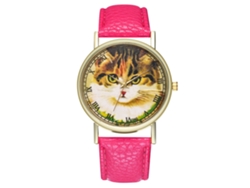 Reloj De Pulsera De Cuarzo Para Mujer Con Correa De Piel Sintética, Estampado De Gato Y Esfera Redonda (rosa Y Rojo).
