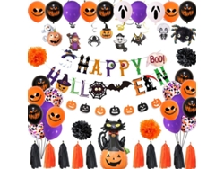 Kit De Decoración De Halloween Con 60 Piezas: Globos, Murciélagos 3d, Telaraña Y Pancarta.
