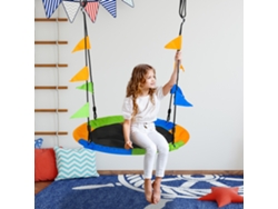 Columpio nido de jardín de Ø100x120 cm con altura regulable, cuerdas y banderas para niños y adultos, capacidad de carga de 80 kg, para uso en interiores. PMM CAPITALI