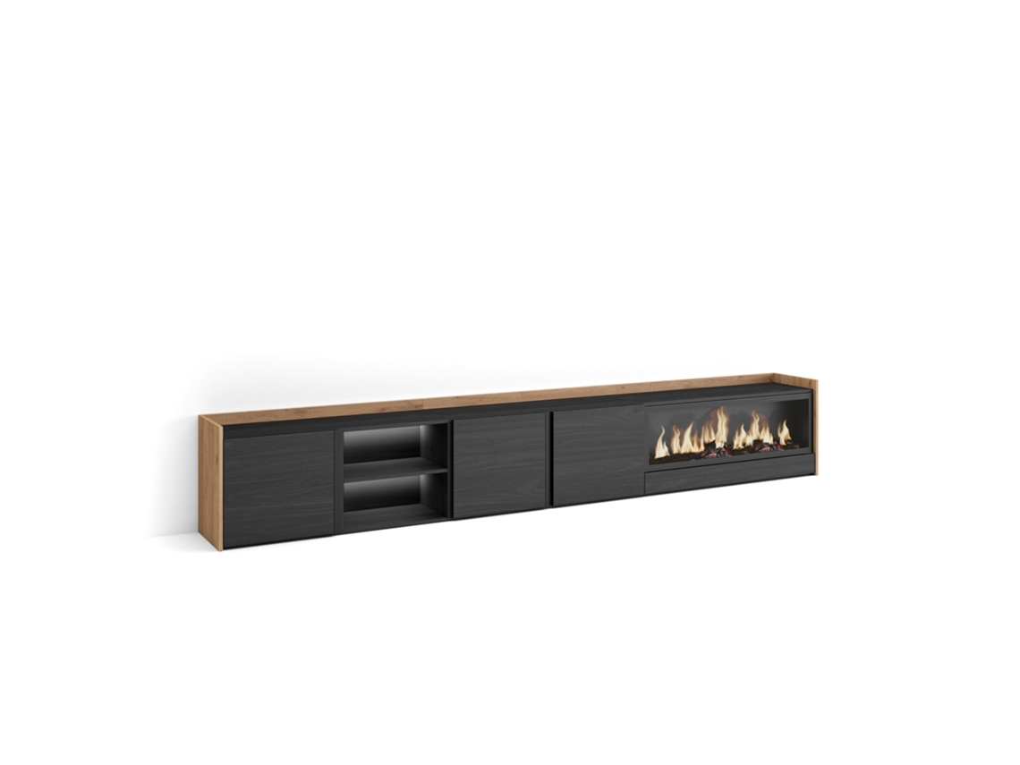 Mueble para TV, 315x35x50cm, para televisores de hasta 80'', chimenea eléctrica XXL, LED, negro y roble.