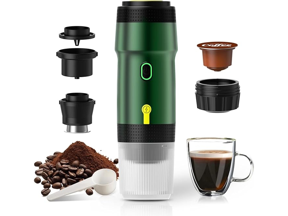 Cafetera expreso eléctrica portátil, compatible con café molido y cápsulas, ideal para senderismo, color verde