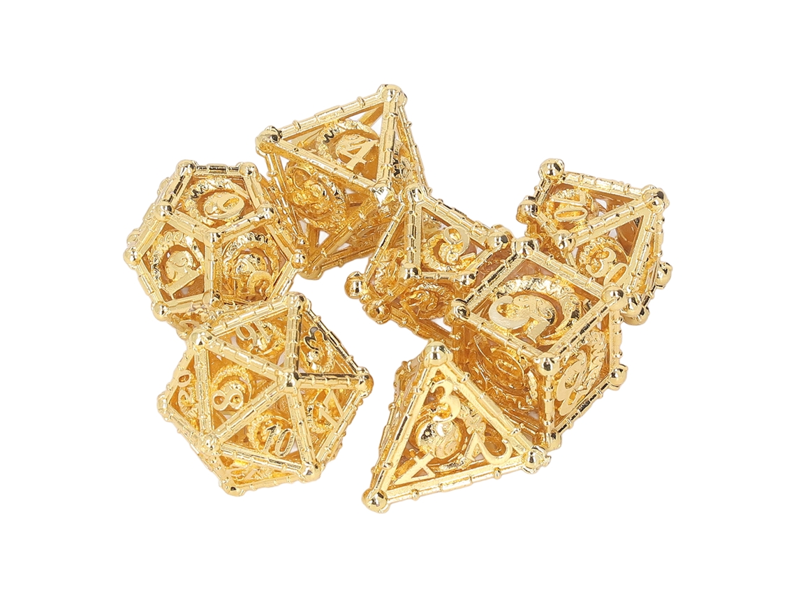 Rebe - Conjunto de 7 dados ocos de cobre, primorosamente esculpidos, balanceados e poliédricos para jogos de tabuleiro.
