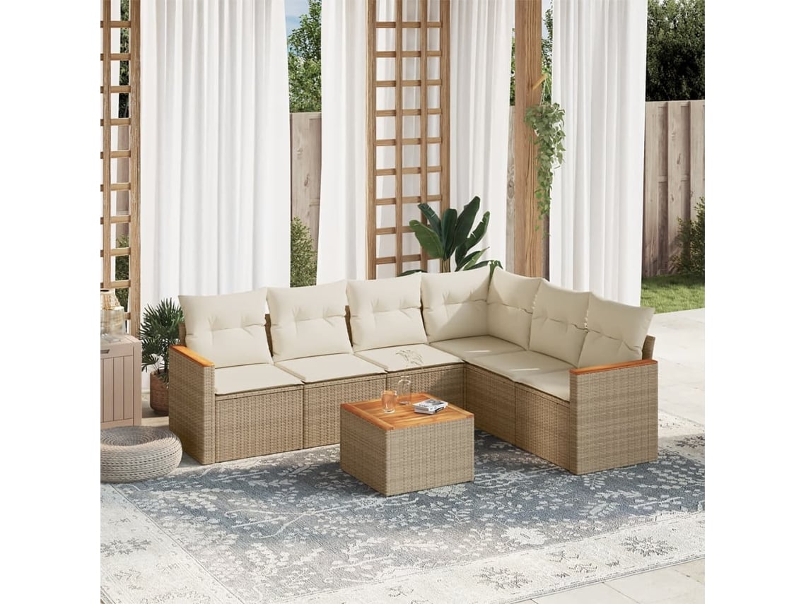 Conjunto de sofá de jardín de 7 piezas con cojines, mimbre sintético beige, Dkd Home Decor