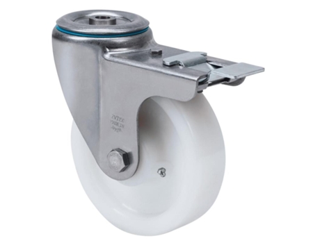 Rueda giratora agujero m12 freno inox.20zvifd150-ft nylon blanco extraf.liso ALEX