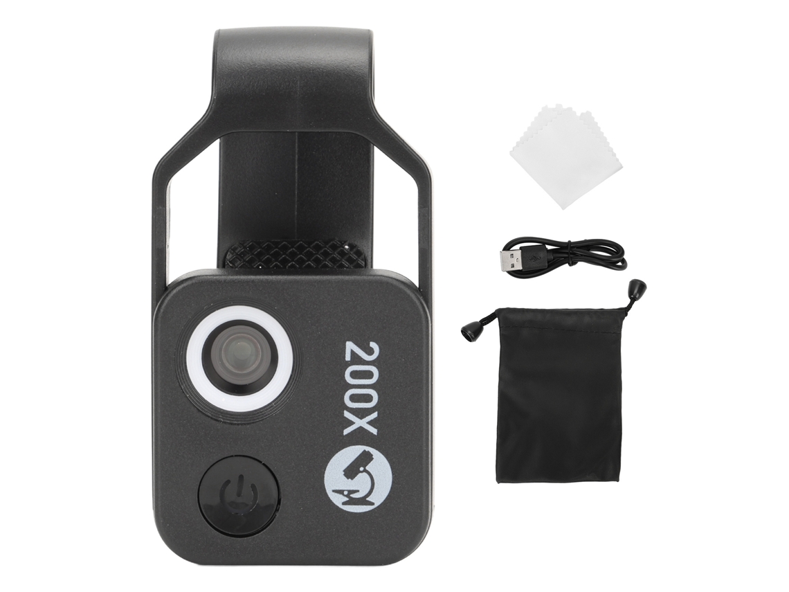 Microscopio De Teléfono 200x Clip Con Luz Led Bolsillo Mini Para Piedra Jade Metal Negro Cpl