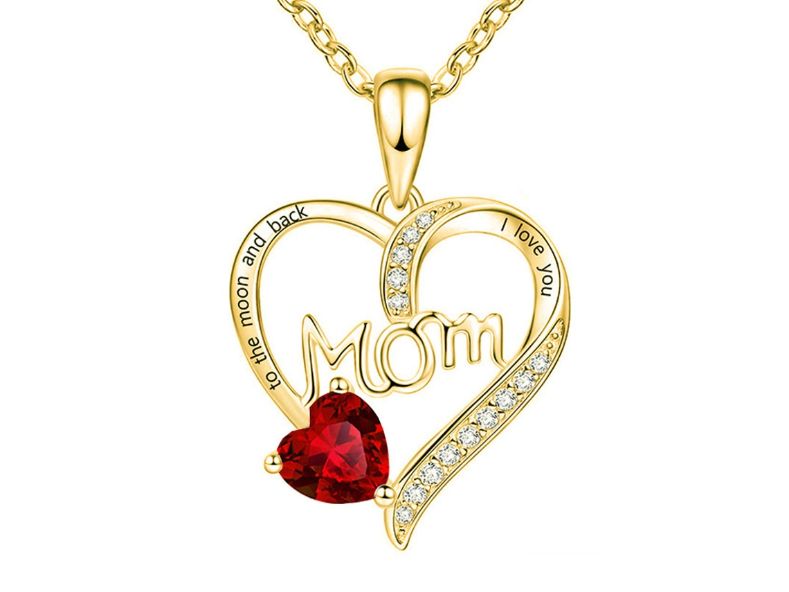 Collar Con Dije Corazón "mom" Grabado En Dorado, Con Piedra Roja Y Circonitas, Detalle Único Para El Día De La Madre