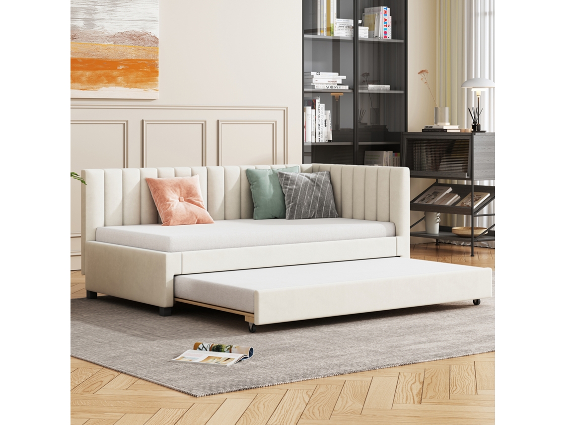 Cama Tapizada 90x200, Sofá Cama Extraíble, Con Somier, Camas Juveniles, Cunas, Camas De Invitados, Tela De Terciopelo Beige