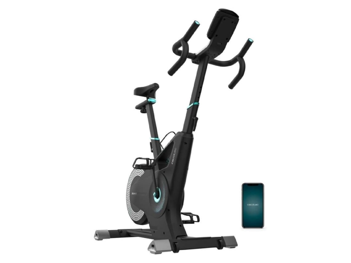Bicicleta estática de interior con resistencia magnética. App. Soporte para dispositivo y portabotellas. Pulsómetro con correa Cecotec.