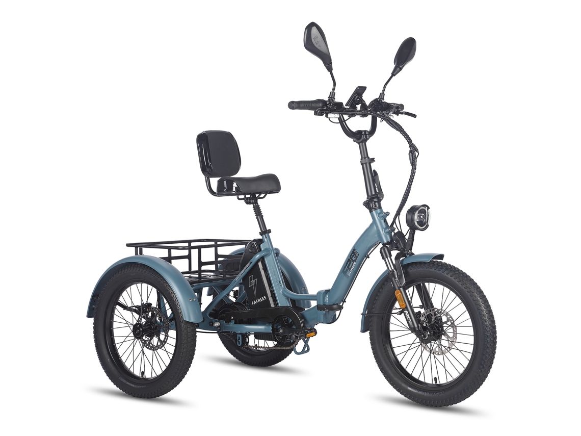 Triciclo eléctrico FAFREES F20 mate, 48 V, batería de 23,45 Ah y 500 W, neumáticos de 20 pulgadas, con espejo retrovisor y cesta trasera.