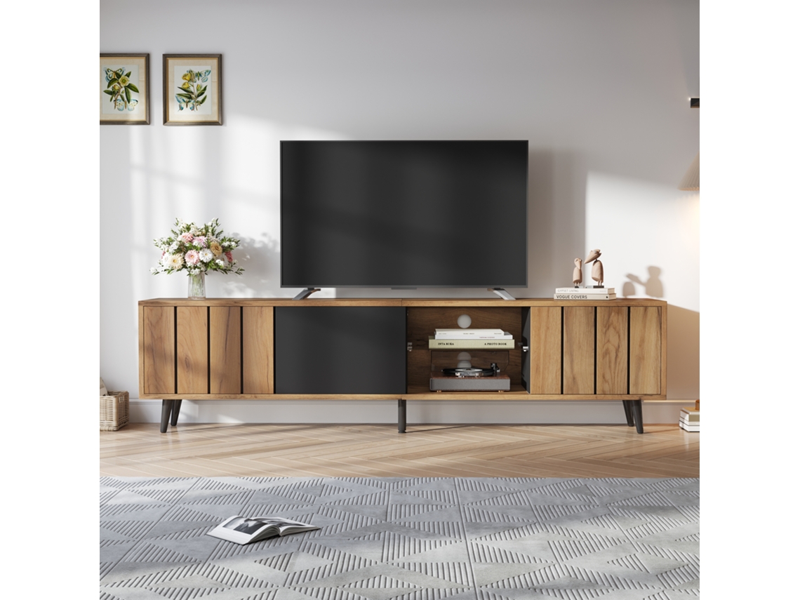 Mueble Para Tv Hasta 75 Pulgadas, 175x31,5x45 Cm, 3 Puertas, Estante Central De Vidrio Templado, Negro Y Madera