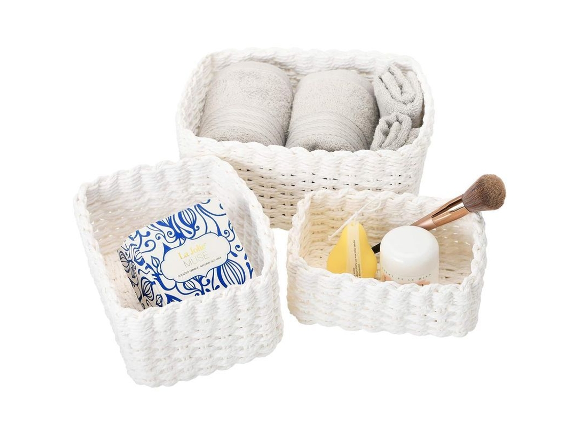 Juego De 3 Cestas De Papel Blancas Ecológicas Para Decoración Y Almacenamiento En Armarios Y Dormitorios.