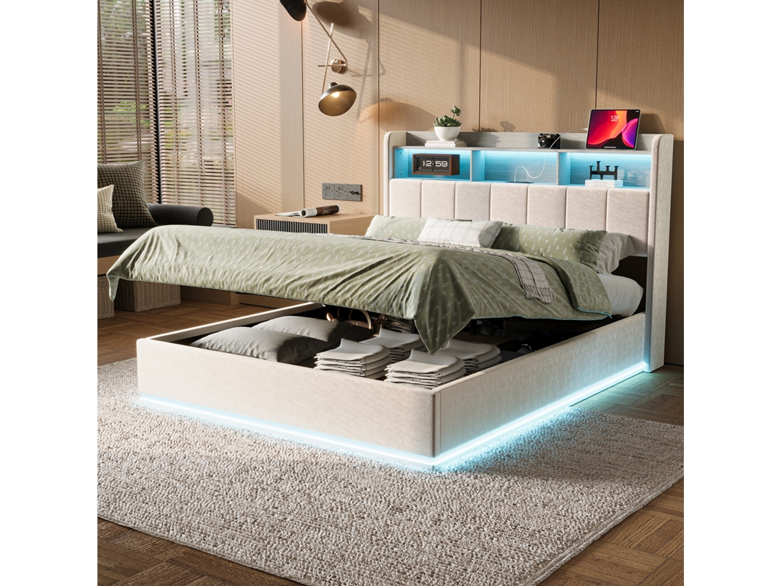 Cama Matrimonial Led 160x200 Cm Con Almacenaje Hidráulico Y Luces Rgb - Cama Nido Minimalista En Tela Blanca