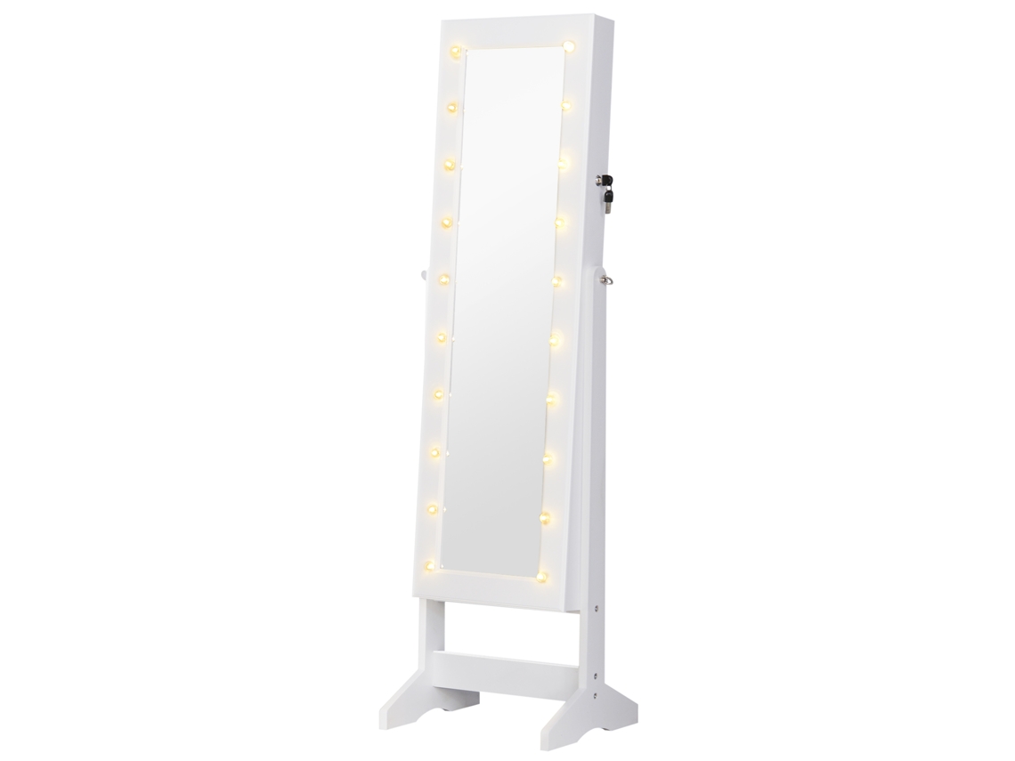 Espejo joyero con luces LED, 20 luces, vitrina reclinable para anillos, pendientes y collares, 40x37x146 cm, blanco.