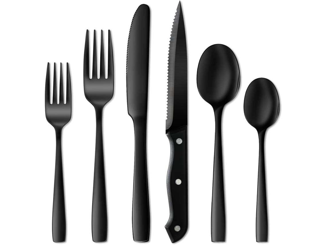 Juego de cubiertos negros de 24 piezas, acero inoxidable, acabado pulido, lavable a máquina NEVEANCE