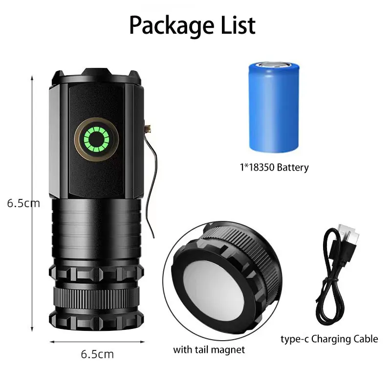 Mini linterna recargable, resistente al agua, ideal para senderismo y camping, portátil, funciona con batería 16340, incluye clip para bolígrafo y base magnética.