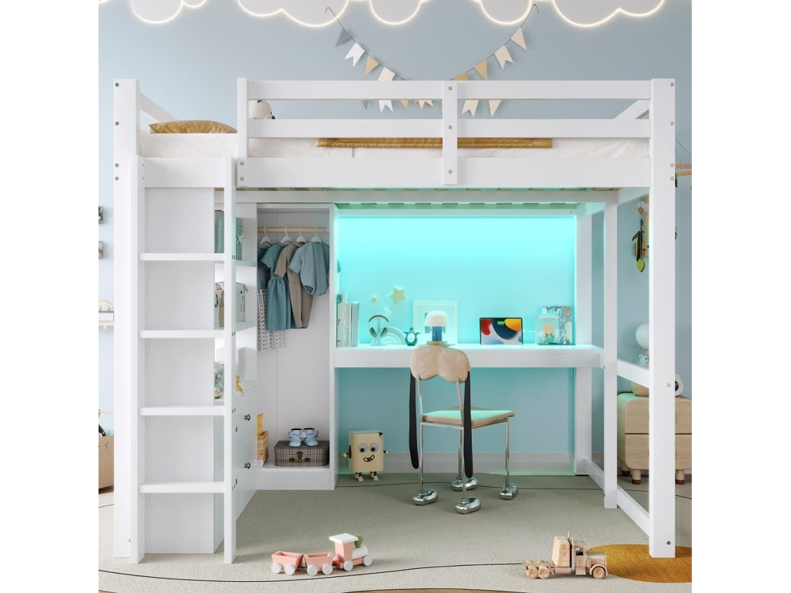 Cama Alta 140x200 - 2 Cajones, Estantes, Escritorio Inferior, Led Y Usb - Blanco