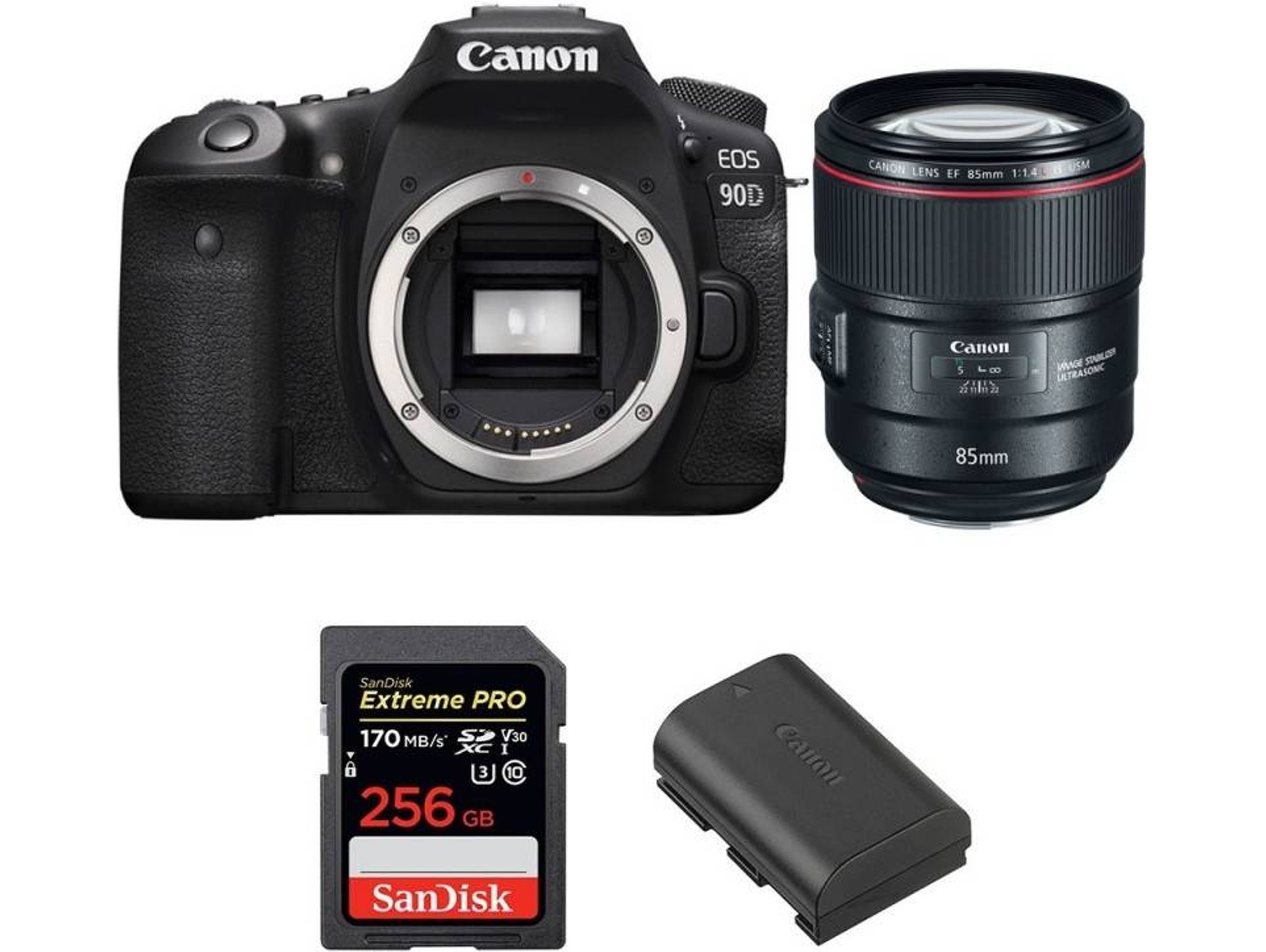 Kit Cámara CANON EOS 90D + EF 85mm f/1.4L IS USM + SanDisk 256 GB + Batería (APS-C)