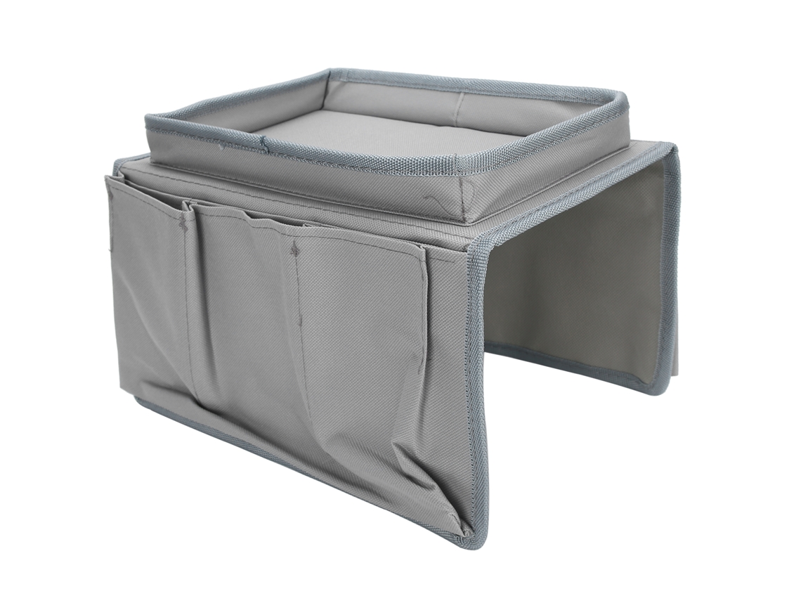 Bolsa Organizadora Gris Para El Brazo Del Sofá Con 4 Bolsillos Y Bandeja Portavasos Para El Mando A Distancia Y Accesorios.