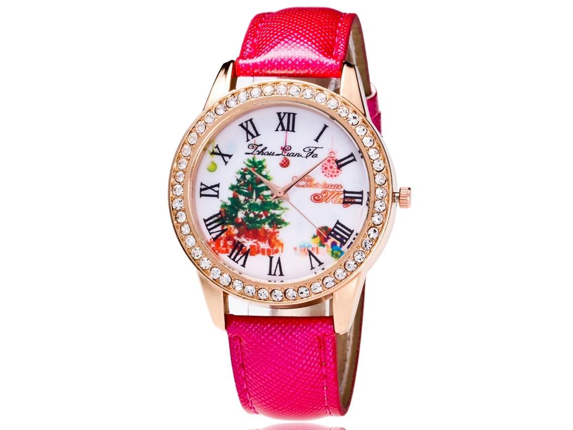 Reloj De Cuarzo Para Mujer Zhoulianfa, Serie Navideña Con Diamantes De Imitación Y Correa De Poliuretano Zlf-0072 (rosa Y Rojo)