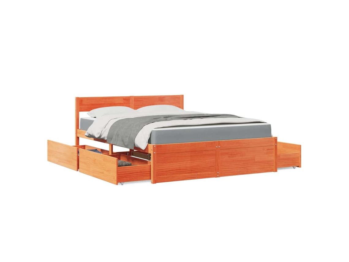 Cama Con Cajones Y Colchón Madera Maciza Pino Marrón 140x200 Cm