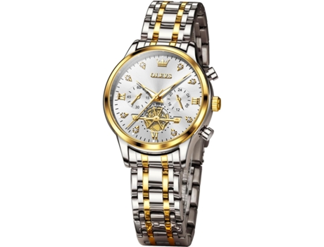 VEANXIN Reloj automático de diamantes para mujer con esfera grande luminosa resistente al agua(Oro y plata)