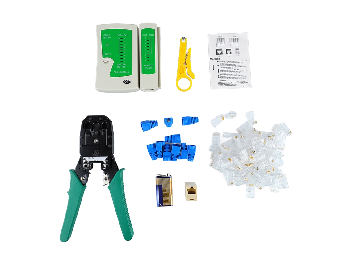 Herramienta de crimpado de cables de red con comprobador, pelacables y batería de 9 V para RJ45 y RJ11