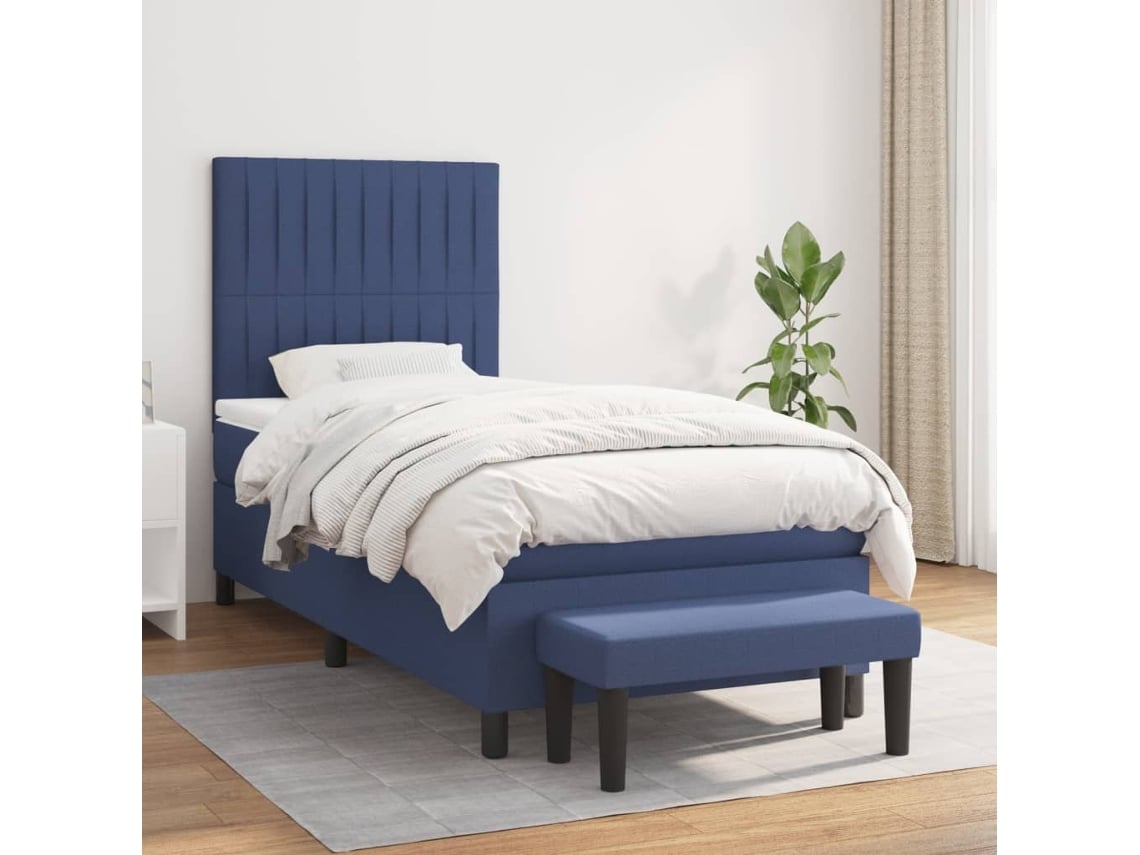Cama Box Spring Con Colchón Tela Azul 90x200 Cm