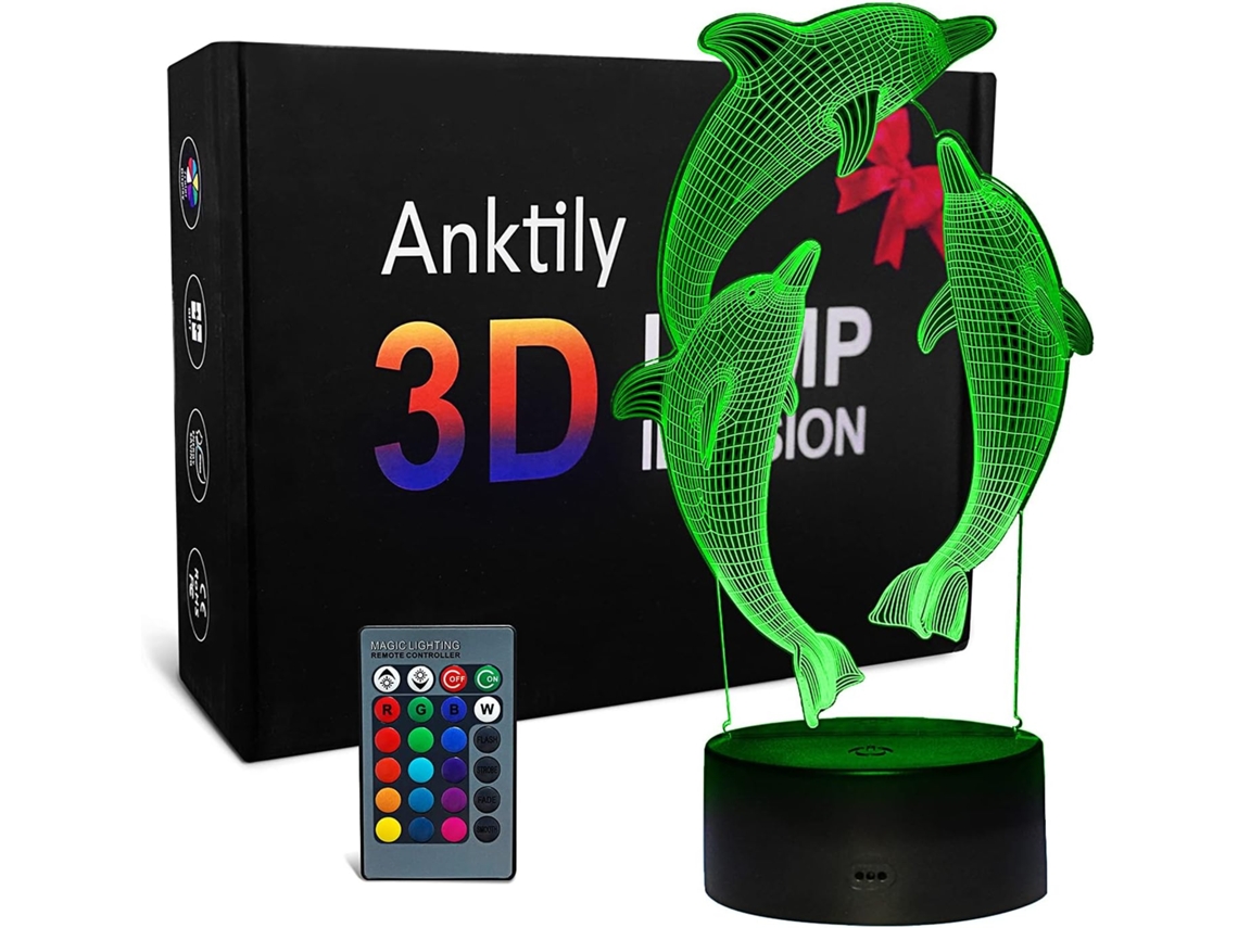 3D Dolphin Night Light LED Optical Illusion Night Light Kids Mesita de noche Lámpara de escritorio 16 colores y control remoto Regalos de cumpleaños y Navidad para niñas niños