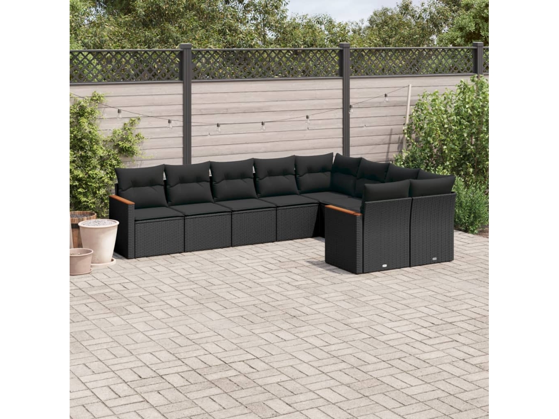 Conjunto de sofá de jardín de 9 piezas con cojines, ratán negro, Dkd Home Decor