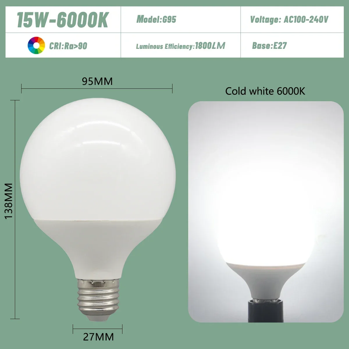 Bombilla Led E27 (15w 6000k, 1 Unidad), De Bajo Consumo, Universal, Para Lámparas De Tocador.