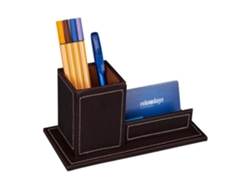 Relaxdays Tarjetero De Escritorio Con Portalápices, Polipiel, Organizador De Oficina, 10,5 X 20 X 10 Cm, Marrón
