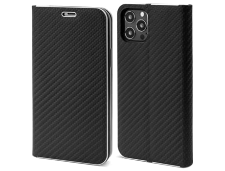 Funda tipo cartera MOOZY para iPhone 13 Pro Max en carbono negro - Funda tipo flip con diseño de borde metálico y cierre magnético con soporte para...
