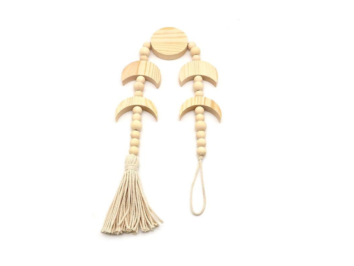 Decoración De Pared Con Forma De Luna, Colgante De Luna De Madera Con Macramé Y Perlas (beige)