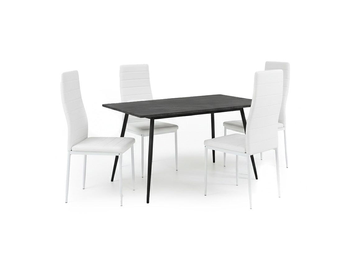 Mesa de comedor de 180 cm, gris oscuro, 4 sillas de polipiel blanca. Oferta de stock.