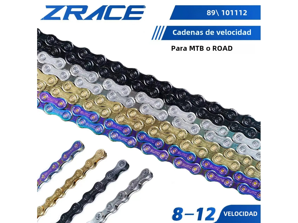 Cadena de bicicleta Zrace para MTB de 8 a 12 velocidades, neón, plateada, negra y dorada, 114/120/126L, OEM de Sumcvayotoy