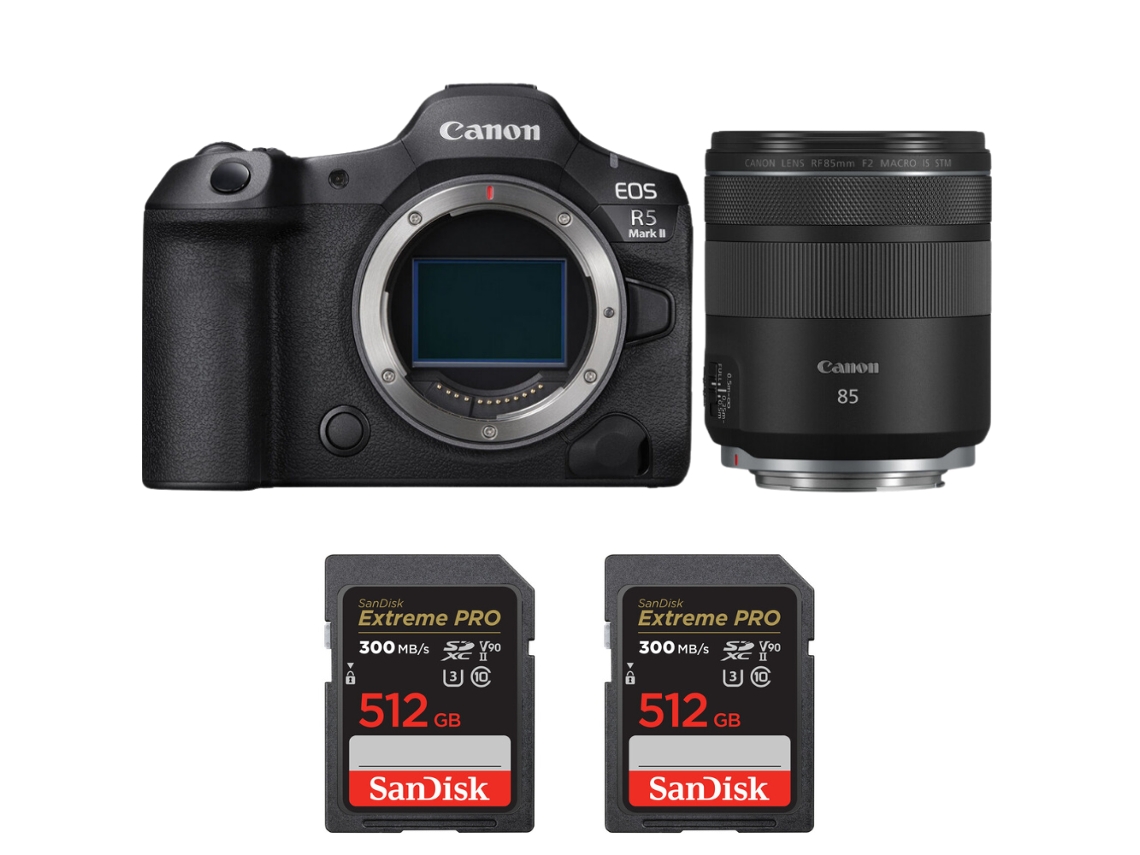 Canon EOS R5 Mark II + RF 85mm F/2 Macro IS Stm + 2 Sandisk 512GB UHS II 300MB/s + Libro electrónico “20 consejos para fotos impresionantes”