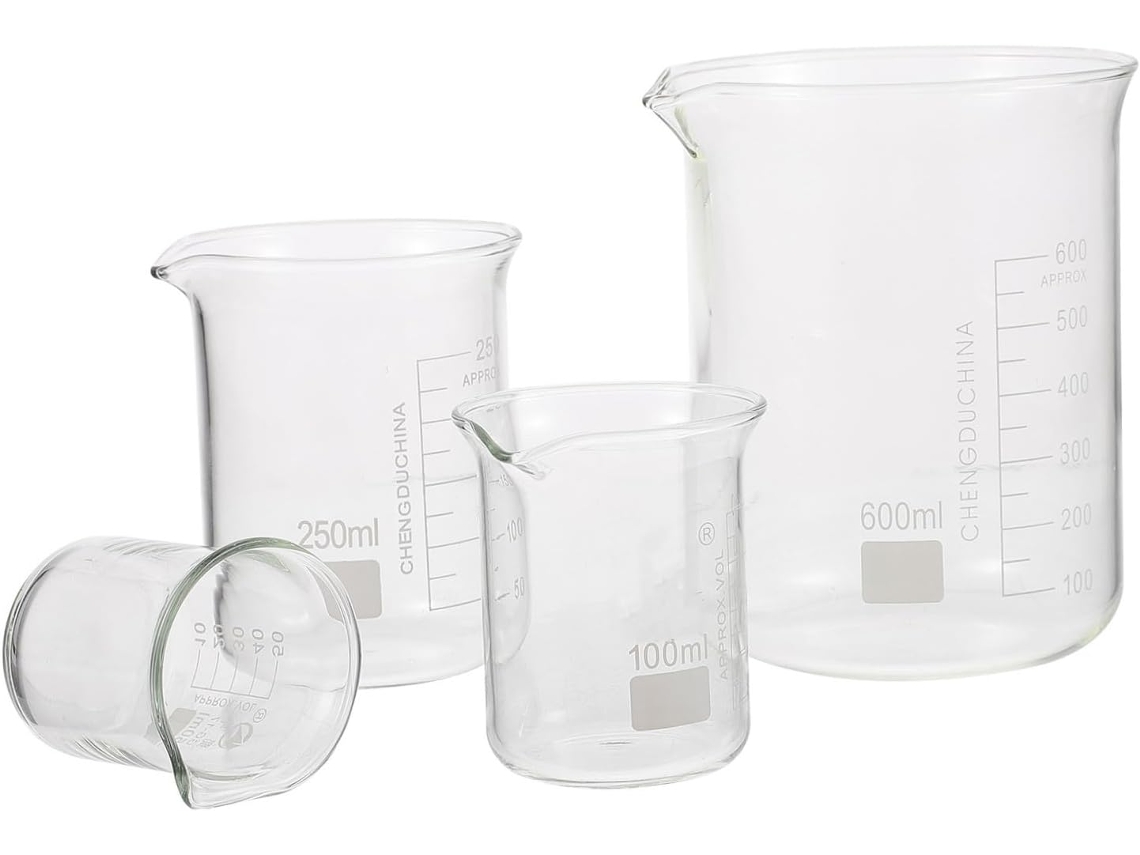 Juego de 4 vasos de precipitados de vidrio de borosilicato resistentes a altas temperaturas con graduaciones claras CHABERLU