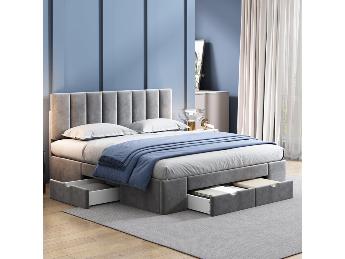 Cama Doble De 160x200 Cm, Terciopelo Gris, 4 Cajones, Base De Láminas.