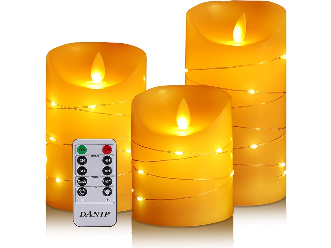 Vela LED sin llama con cadena de luces integrada, de 3 partes, con control remoto, llama danzante, cera real, funciona con pilas. Neveance
