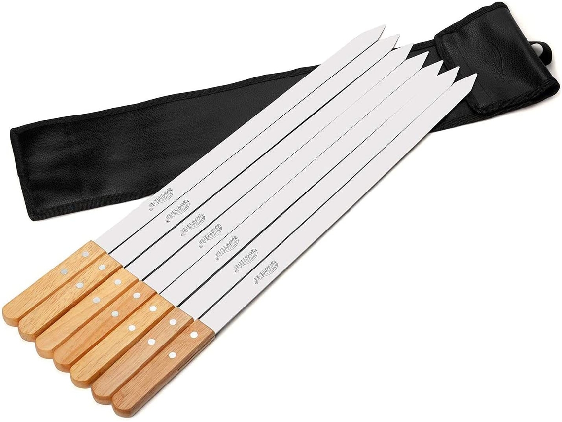 Pinchos para barbacoa con mango de madera, de acero inoxidable con diseño plano para una cocción uniforme, de metal reutilizables con mango de madera.