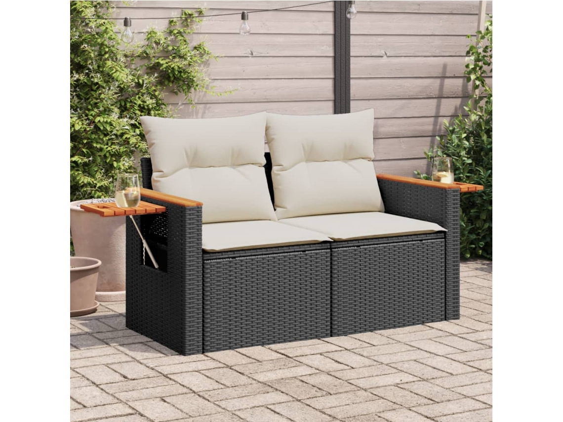 Sofá de jardín de 2 plazas con cojines, mimbre, negro, PE, Dkd Home Decor